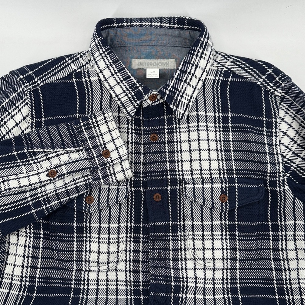Outerknown Mens Blanket Plaid Shirt Long Sleeve Button Up M/M Navy White Casual